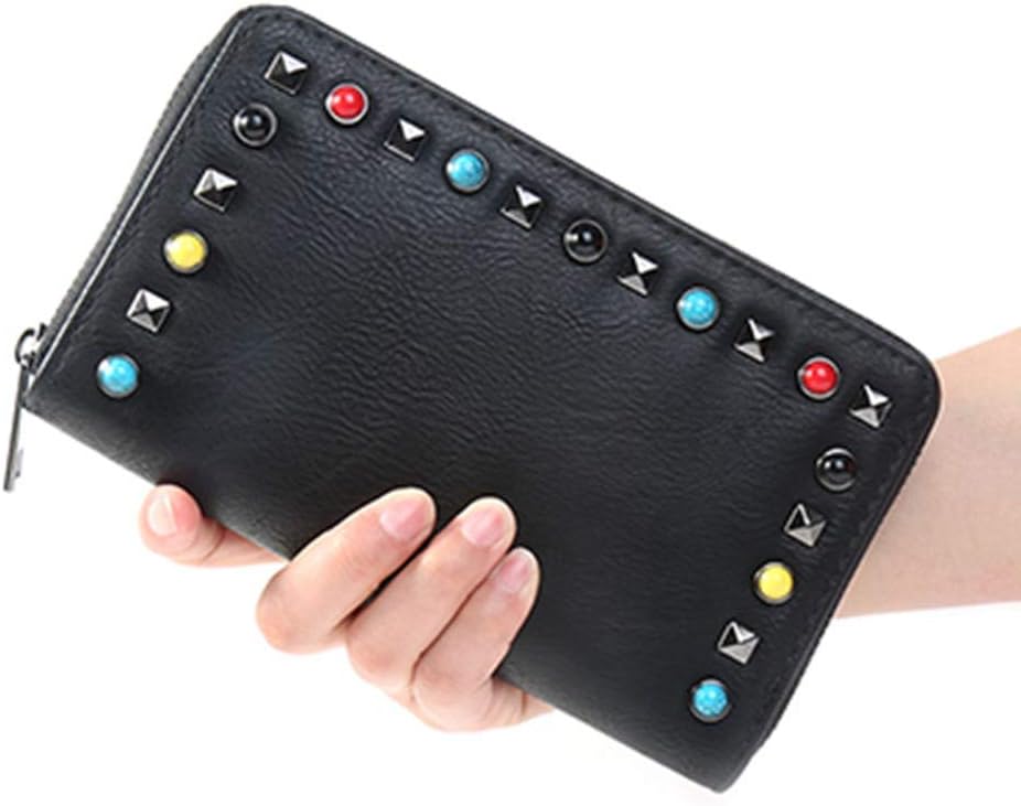 Black AWMYHKDW Lady Wallet Long Brand Hand Bags Pu Leather Women Wallet for Cards Coins Phone Wallet Cool Rivet Lady Purse