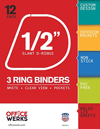 Officewerks 3 Ring Binders, 0.5 Inch Slant-D Rings, White, Clear View, Pockets - 12 Pack
