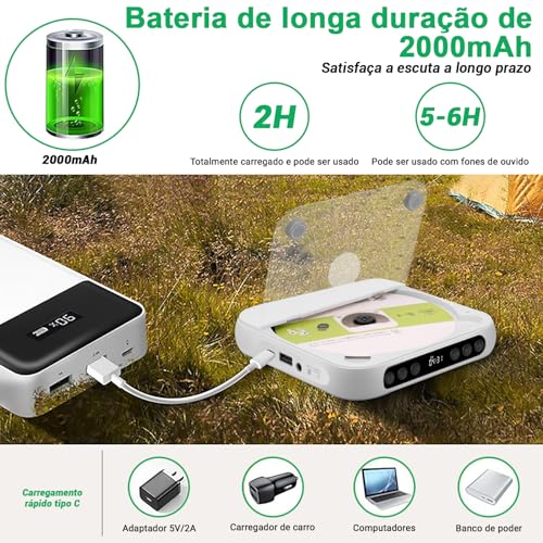 135 x 135 x 25 mm, Mini CD Player Portatil, 2000mAh, Pode Ser Levado com Você, Compatível com Fones de Ouvido Toca CD, Alto-Falantes Duplos Integrados