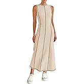 Wenrine Womens Tank Maxi Dress Sleeveless Crew Neck Knit Ribbed Summer Contrast Stitch Dresses
