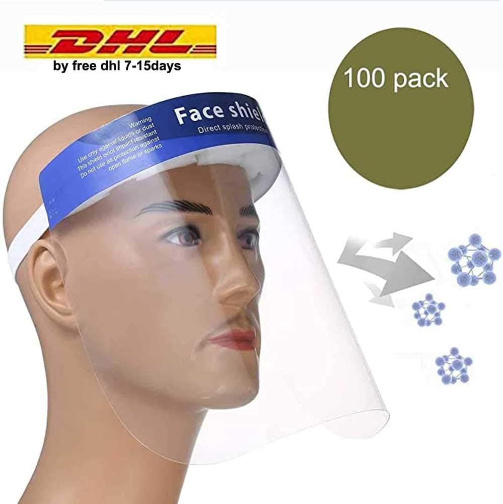 【100 Packs】 Face Shield Medical Protect Eyes and Full Face with Protective Clear Film Elastic Band and Comfort Sponge