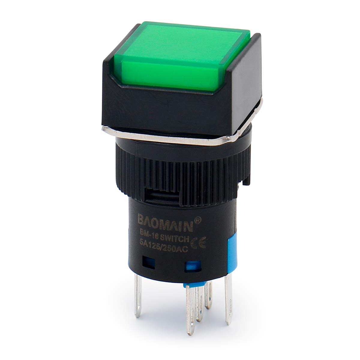 Baomain 16mm Push Button Switch Momentary Square Cap LED Lamp Green Light DC 12V SPDT 5 Pin 5
