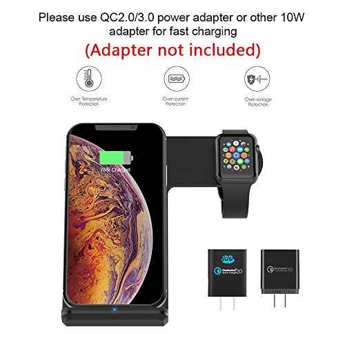 Wireless Charger Compatible Apple Watch 2 in 1 Fast Charging Stand Compatible iPhone Xs/XS MAX/X/8/8 Plus Qi-Certified Android Charge Station Compatible iwatch 4/3/2/1(Black)(Adapter not Included)