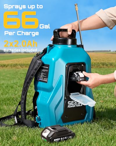 SEESII Backpack Sprayer Battery Powered, Leak-Proof 5-Gallon, Dual Battery Electric Sprayer with Telescopic Brass Wand & 7 Nozzles, 100 PSI Adjustable Pressure for Weed Lawn Garden Pest Control
