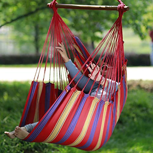SHARESUN Hanging Hammock Chair, Cotton Cushion with Two Cushions, Swing Chair, Solid Wood Bracket, Portable Adult Rocking Chair, Outdoor, Balcony, Garden, Travel, Beach, 130100cm,Red