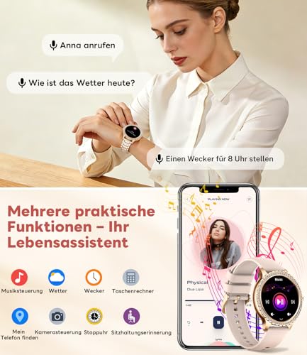 LIGE Women's Smartwatch with Phone Function, 1.32 Inch Diamond Fitness Watch for iOS Android with Sleep Monitor, SpO2, Heart Rate Monitor, Blood Oxygen, Menstrual Cycle, Smartwatch, Rose Gold