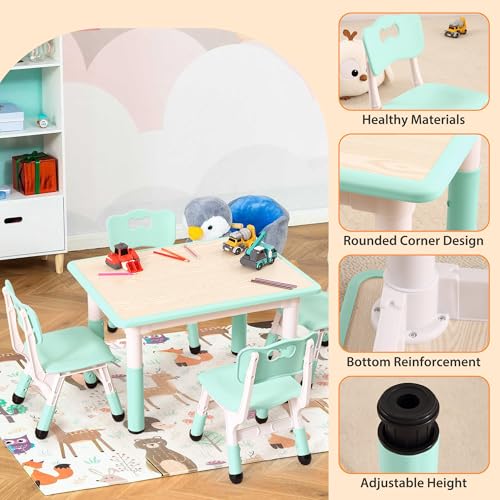 Garvee Kids Table and 4 Chairs Set, 5-Piece Height Adjustable Toddler Table with Graffiti Wipe-Clean Desktop, Non-Slip Legs & Storage Organizer, Preschool Activity Desk for Ages 2-6