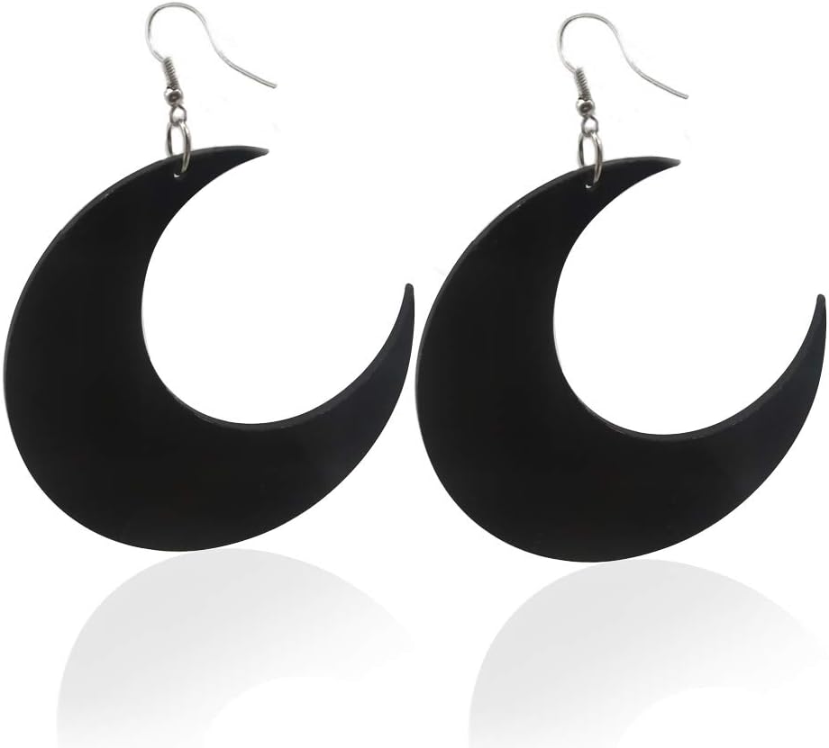 Exaggerated Big Punk Night Club Personality Black & Mirror Surface Silver Acrylic Moon Earrrings Dangle Drop Women Jewelry