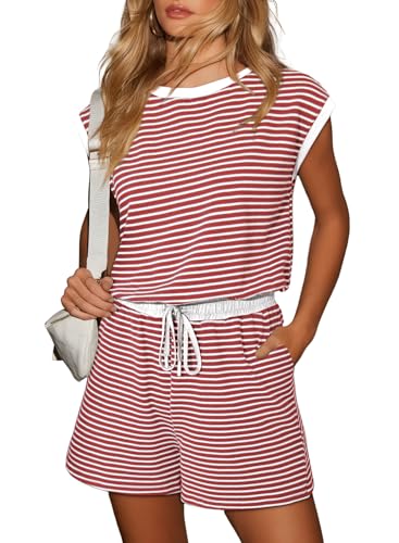 Dokotoo Casual Rompers for Women Plus Size Short Sleeve Overalls Stripe Cute Summer Outfits 2026 Fashion Beach Vacation Jumpsuites Red Romper Small at Amazon