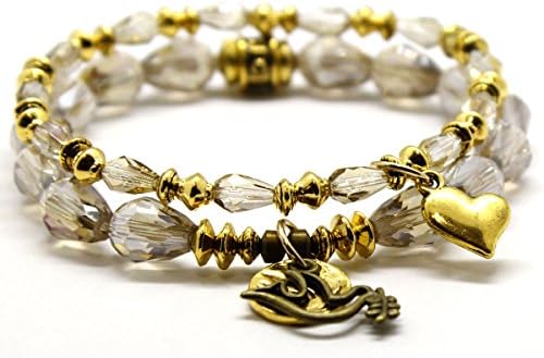 Chavez for Charity Glass Stretch Beaded Bracelet Set of 2 with Gold-tone Dove and Heart Charms