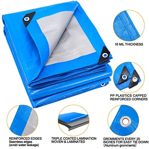 Blue Tarp, Tarps Heavy Duty Waterproof, Waterproof Plastic Poly 16 Mil