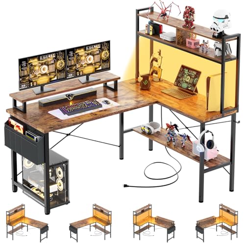 iSunirm L Shaped Gaming Desk with Power Outlets & LED Lights, Small L- Shaped Computer Corner Desk with Monitor Stand & Storage Shelf, Gaming Table with Storage Bag, Brown