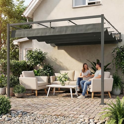 Outsunny 10' x 10' Retractable Pergola Canopy, Wall-Mounted Pergola with with Drainage Holes, Outdoor Sun Shade Shelter, UPF30+ and Water-Repellent for Patio, Garden, Dark Grey