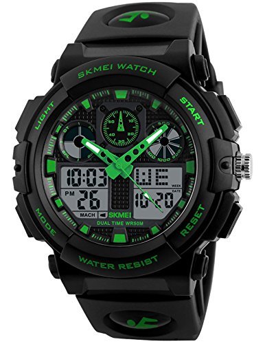 Men's Black Green LED Waterproof Sport Army Alarm Date Analog Digital Black Wrist Watch