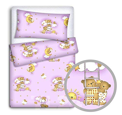 Babymam Baby Newborn Bedding Set Pillowcase + Duvet Quilt Cover 2 Piece to Fit Cot Crib Cradle Pram 120x90cm (Ladder pink)