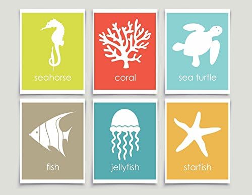 Coral Reef Animals Art Fish Starfish Seahorse Jellyfish Turtle Unframed Prints (Set of 6)