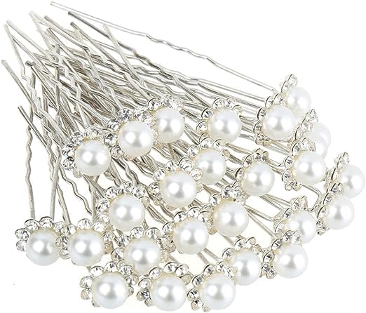 FATASH 50 PCs Pearl Hair Pins | Silver Bobby Clips with Diamante Crystals | Classic Bridal Wedding Accessories, Floral Vintage Jewelry for Women, Bridesmaid Prom Party Hairpins Set