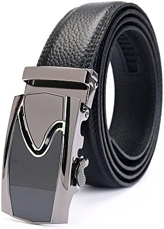 Men's Genuine cow Leather Belt with Automatic Ratchet buckle (Trimmed to fit) (Black)