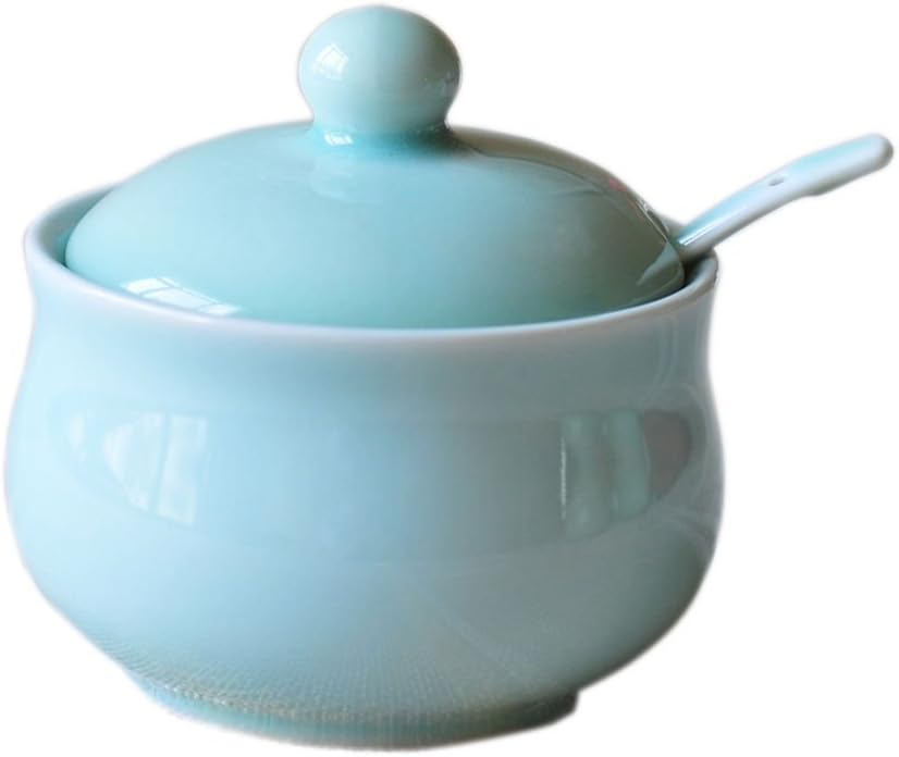 Ceramic Story Celadon Porcelain Sugar Bowl with Lid and Sugar Spoon 9.5x8.5 cm (Blue)