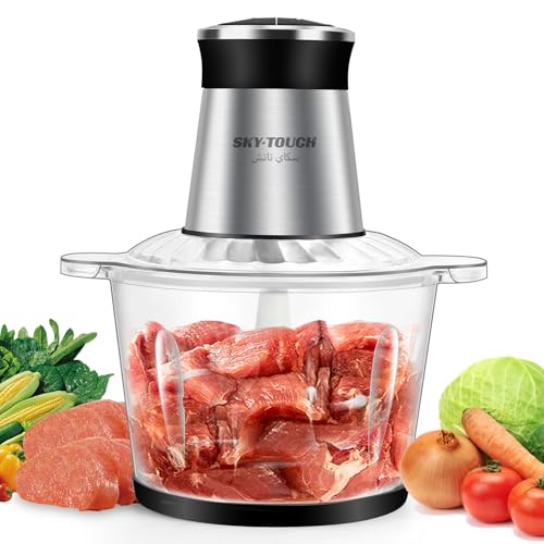 SKY-TOUCH Food Chopper & Mincer,300W Glass Grinder Chopper,2 Speed,4 Detachable Stainless Steel Blade,for Precision, Ice Crushing, Mincing，Anti Slip Ring