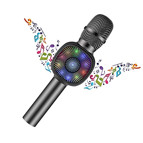 Bluetooth Karaoke microphone, Portable Karaoke Player Speaker For Apple Android Smartphone Or PC, with Flash LED Color-Light Home KTV Outdoor Party Music Playing Singing Anytime(Grey-black)
