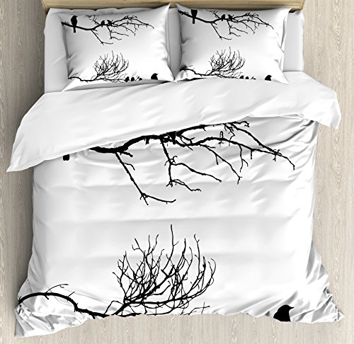 Lunarable Birds Queen Size Duvet Cover Set Monochrome Tree Branch
