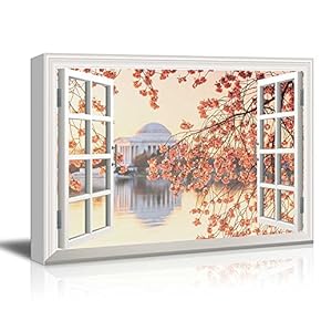 Window View Cherry Blossom with White Building in The Background Gallery 12x18 inches