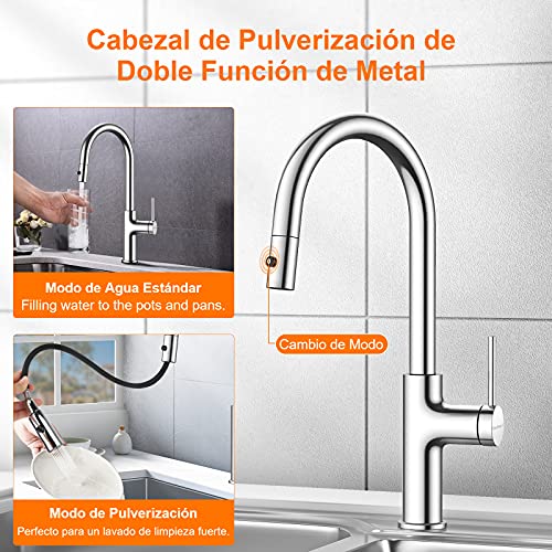 Grifos Cocina Fregadero, Grifo Cocina Extraible, Giratorio de 360 °, Caño Rociador Abatible de Acero Inoxidable 304, Grifo de Cocina con Ducha de 2 Modos de Rociado, Fría y Caliente Disponible