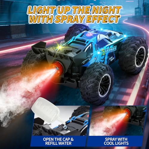 Eaglestone 1:16 4WD RC Car with LED Lights, Music & Spray, 2.4GHz Off-Road Remote Control Vehicle with Dual Battery 40-Min Playtime, One-Click Demonstration Gift for Kids Boys Ages 5-12