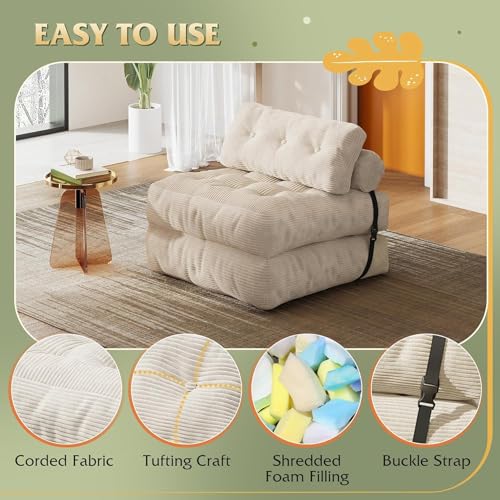 190 * 85 * 20Cm Folding Sofa Bed, Portable Fold Out Floor Couch Lounge, Convertible Sleeper Chair with Pillow for Living Room Bedroom, Beige