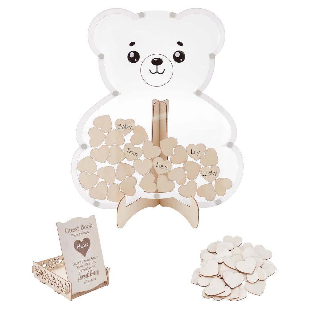 Photo 1 of UNICRAFTALE Bear Baby Shower Guest Book Alternative Baby Shower Decorations with Wooden Stars for 30 Guests Sign Picture Frame Pregnancy Keepsake for Soon to Be Moms Wedding Birthday Party Keepsake