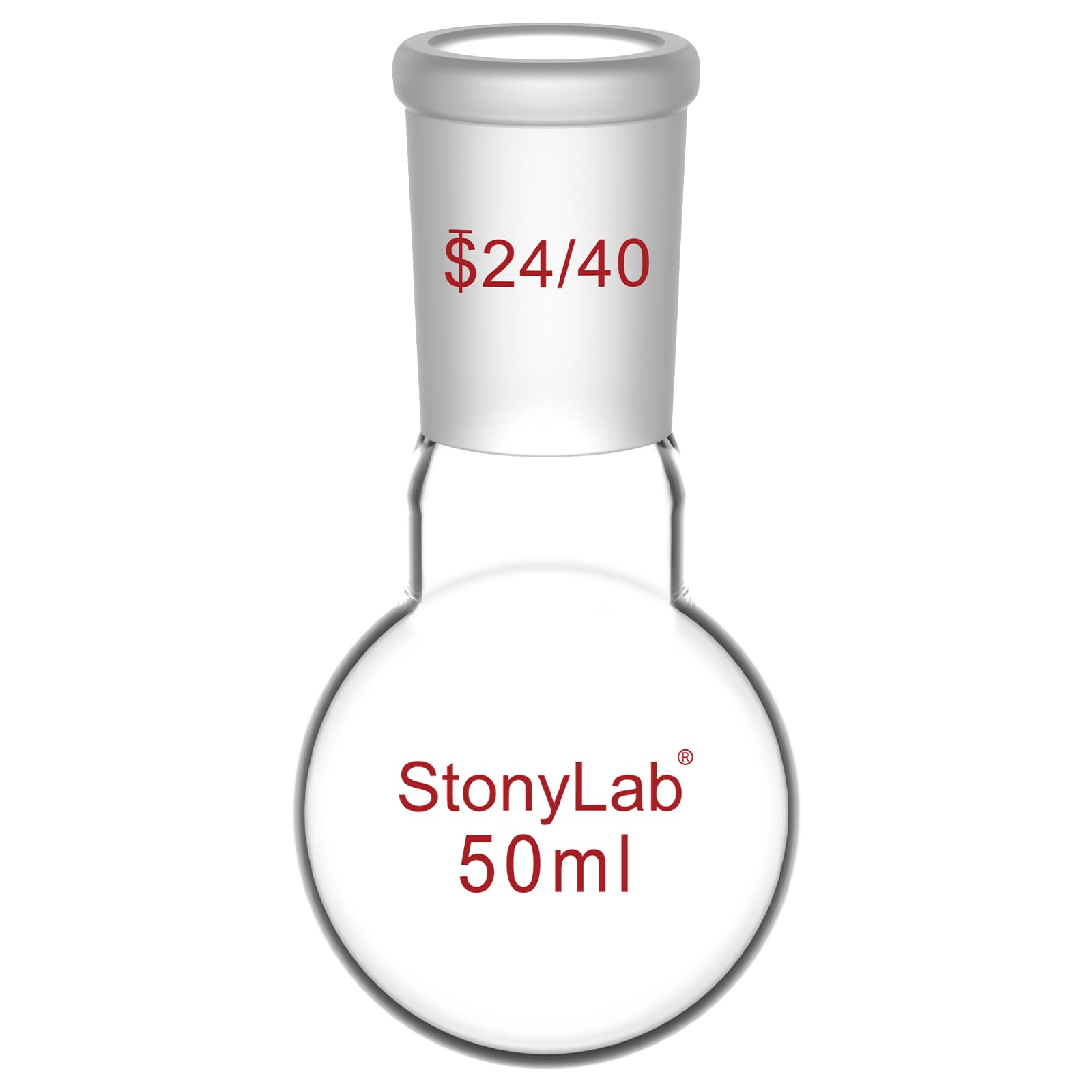 StonyLab Glass 50ml Short Neck Round Bottom Flask, Borosilicate Glass Single Neck Heavy Wall Flask RBF with 24/40 Standard Taper Outer Joint, 50ml