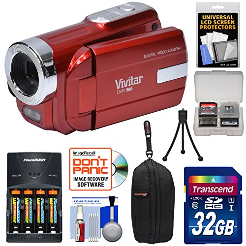Vivitar DVR-508 HD Digital Video Camera Camcorder (Red) with 32GB Card + Batteries & Charger + Case + Tripod + Kit