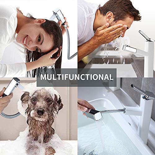 KAIYING Bathroom Pull Down Vessel Sink Faucet, Lavatory Single Hole Basin Sink Faucet with Pull Out Sprayer, Single Handle Utility Kitchen Mixer Tap with Rotating Spout, Brass(Tall, Chrome & White)