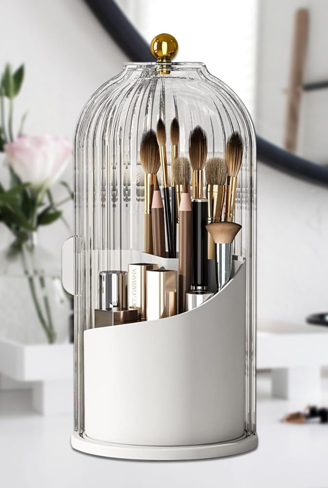 FIVAVA Makeup Brush Holder 360 Rotating Organizer with Clear Lid，Sliding Opening Dustproof Makeup Organiser Storage for Lipstick, Lip Gloss, Eyeliner, Bedroom, Bathroom