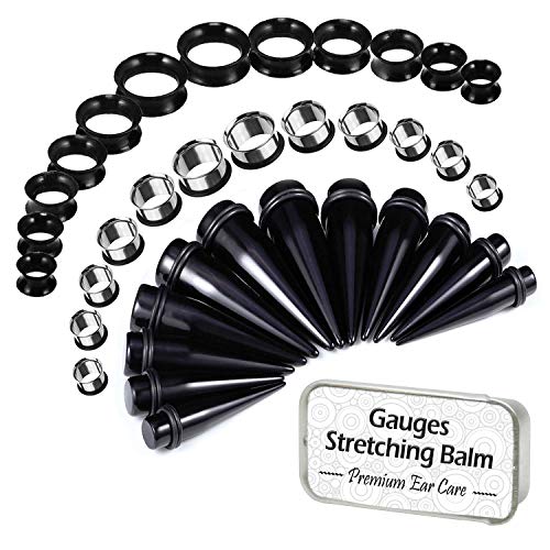 BodyJ4You 37PC Gauges Kit Ear Stretching Aftercare Balm 00G-20mm Black Silicone Steel Tunnel Acrylic Taper