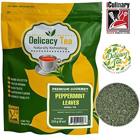 Delicious Premium Grade Loose Leaf Dried Peppermint Leaves Delicacy Caffeine Free Herbal Tea, Makes 100 Cups of Relaxing, Delicious Tea, Natural &amp; Pure Peppermint Leaf from iCulinary, Zipper Pouch,8oz