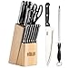HULLR 14 Piece Kitchen Knife Set with Wooden Block, Stainless Steel Chef Knife Bread Knife Slicing Knife Utility Knife Paring Knife Steak Knives Sharpening Rod and Scissors