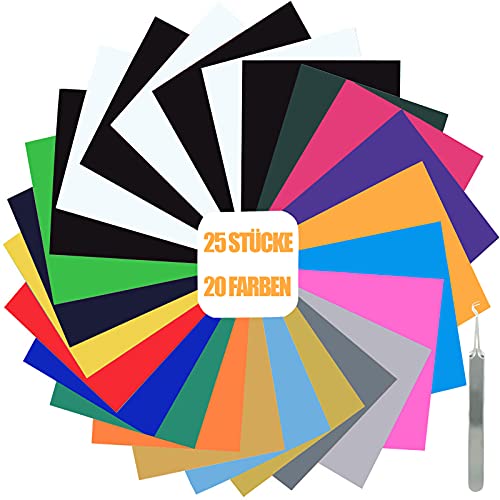 Puiasest Plotterfolie Textil,Plotter Vinylfolie Selbstklebend Pastell,Plotterfolie Selbstklebend, 25 Pack Flexfolie für Aufbügeln von T-Shirts Anderen Stoffen Stoffe (20 Farben, 30.5x25.4cm)