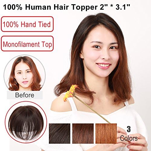 Igennki 100% Human Hair Topper Hand Tied Mono Top Hair Pieces Clip in Hair Wiglets for Women Thinning Hair,Hair Loss (2"3.1", LB Dark Brown)