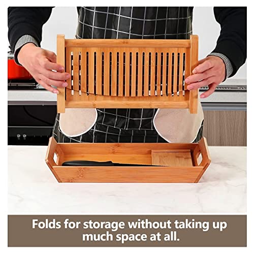 Premium Bamboo Bread Slicer with Serrated Knife Crumb Tray for Homemade Bread Foldable and