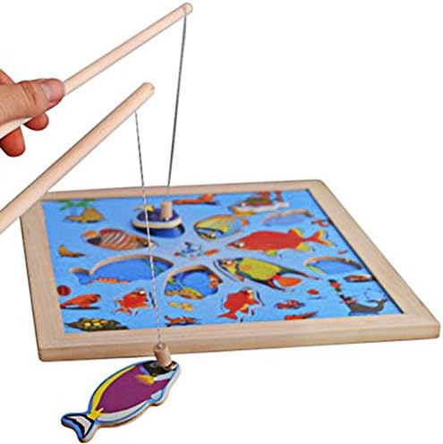 DOUYYE Magnetic Wooden Puzzle Fishing Game Playset with 11 Fishes and 2 Poles