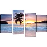 Pyradecor Sunrise Beach Theme Canvas Prints Wall Art Ocean Sea Pictures Paintings for Living Room Bedroom Home Office Decorations Modern 4 Piece Stretched Seascape Artwork