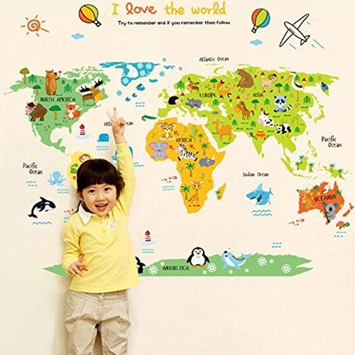 KiKi Monkey Cartoon Background Colorful English Words World Map Wall Art Decals Stickers Vinyl for Kids Rooms Parlour Television Wall Home (Colourful)