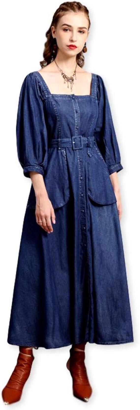 Amazon ジズル Zizzle レディース デニム スクエアカラー ビッグポケット ベルト ワンピース ベルト 長袖 ブルー ロング丈 ボヘミアン ファッション 向け L ワンピース チュニック 通販