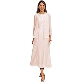 2 Pieces Tea Length Mother of The Bride Dresses Long Sleeve Chiffon Formal Wedding Guest Dress with Jacket