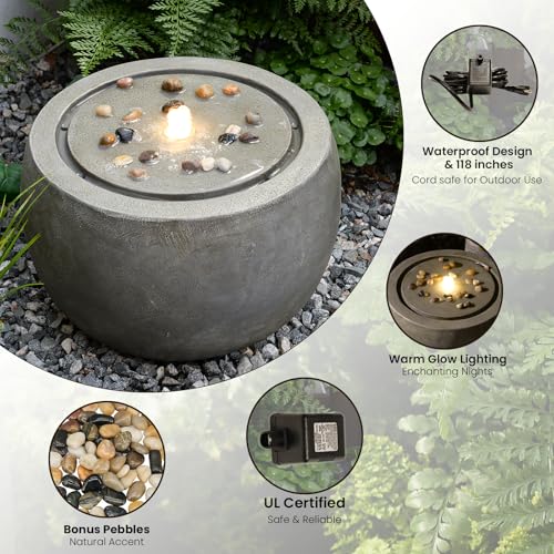 Tankana Garden Water Fountain Outdoor Bubbler Water Feature Indoor with Lights & Pump and Pebbles Waterfall Fountains Concrete Effect for Patio Deck Yard Home Decor Gray, 18 "L x 18" W x 11.5" H