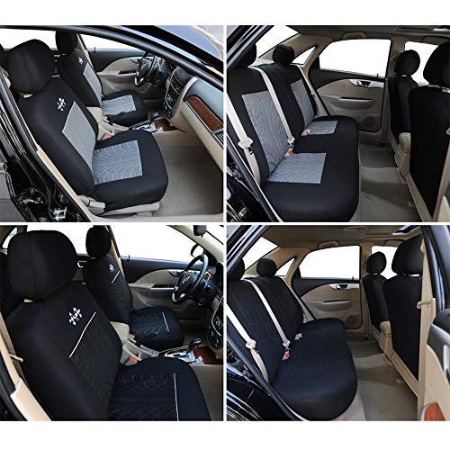 Universal Full Set Auto Seat Covers Embossed Cloth Fabric Car Seat Accessories(Airbag Compatible Anti-Slip Black/Gray)