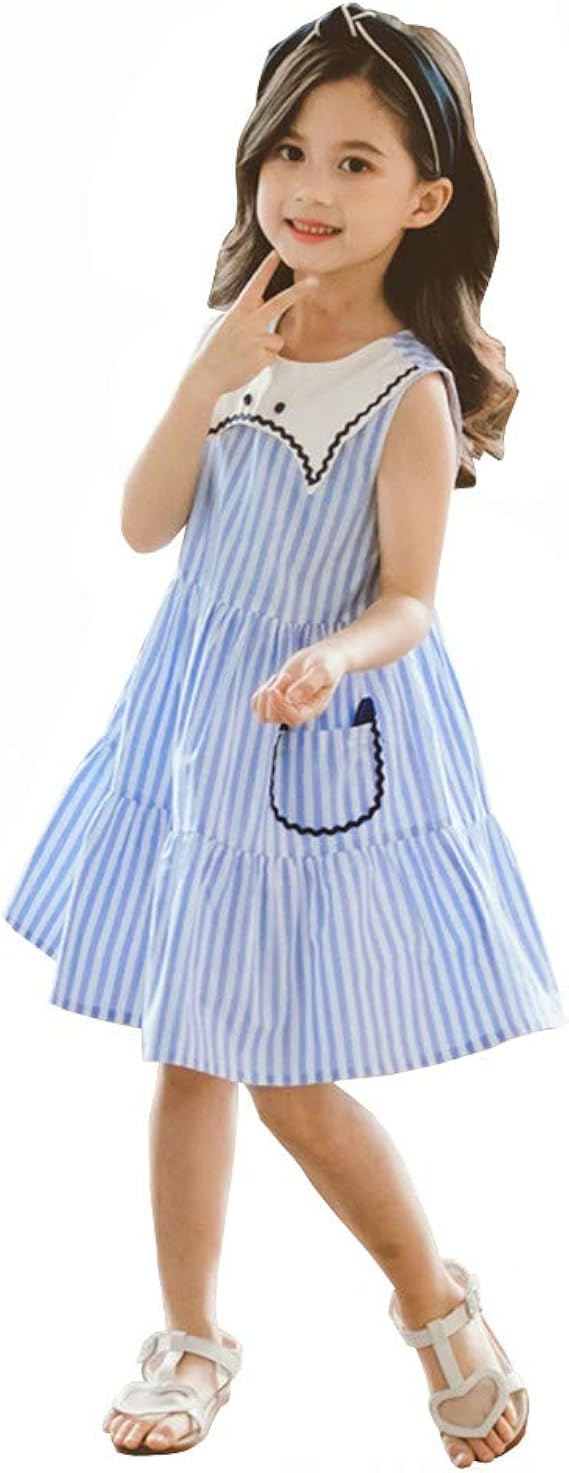Amazon Jktown ワンピース 女の子 キッズ 110 160cm 膝丈 ブルー ストライプ フレアー 折り襟 ノースリーブ サスペンダー オールインワン ラウンドネック ふわふわ かわいい シンプル 海遊び トラベル 夏 ブルー 150cm ワンピース チュニック 通販