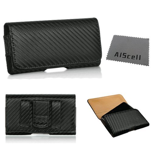 AIS cell phone Microfiber Cleaning Cloth + Black Carbon Fiber Pattern Leather Pouch Carrying Case Belt Clip Holster fits HTC ONE M8 with Dot View Case Cover (By All_Instore)
